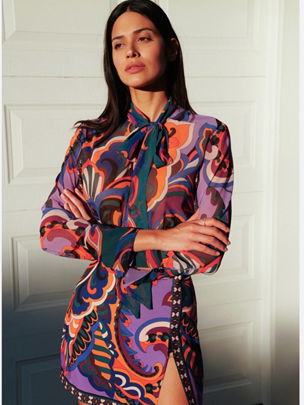 Zara Purple Multicolor Tie-Neck Printed Mini Dress